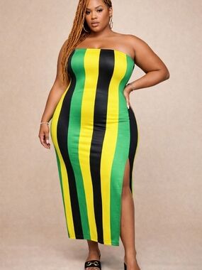 Curve-Hugging Strapless Midi Dress in Green, Yellow & Black